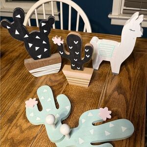 Wooden Cactus and Llama Decor Set